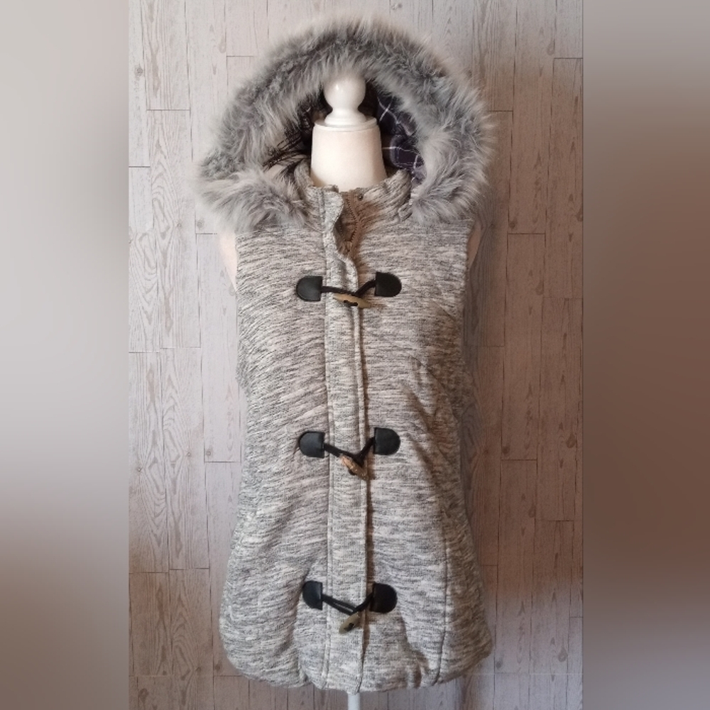 Women's Gray Removable Hooded Toggle Coat Quilted Vest Women's Size L